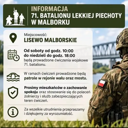 Ćwiczenia wojskowe 71. batalionu w Lisewie Malborskim – patrole nad wałem i mostem