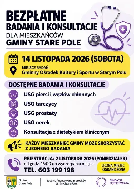 Bezpłatne badania USG i konsultacje dietetyczne dla mieszkańców gminy Stare Pole – 14 listopada