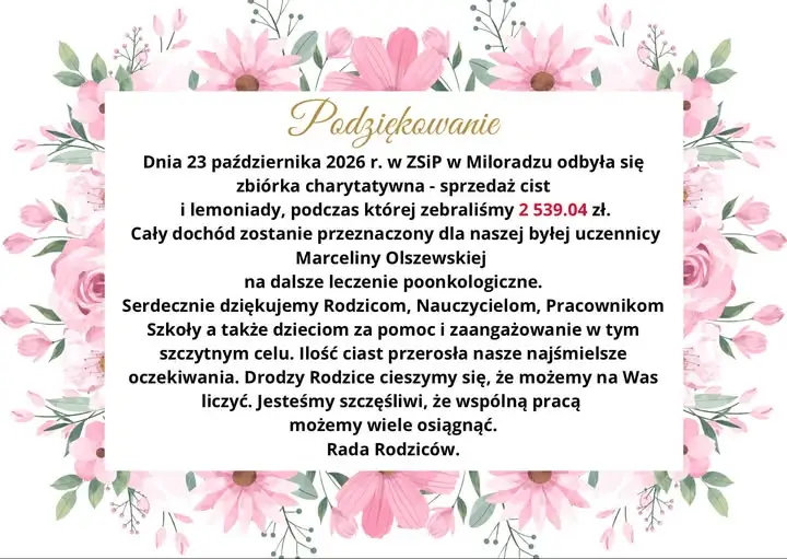 Miłoradz: Zbiórka charytatywna w ZSiP na rzecz Marceliny Olszewskiej